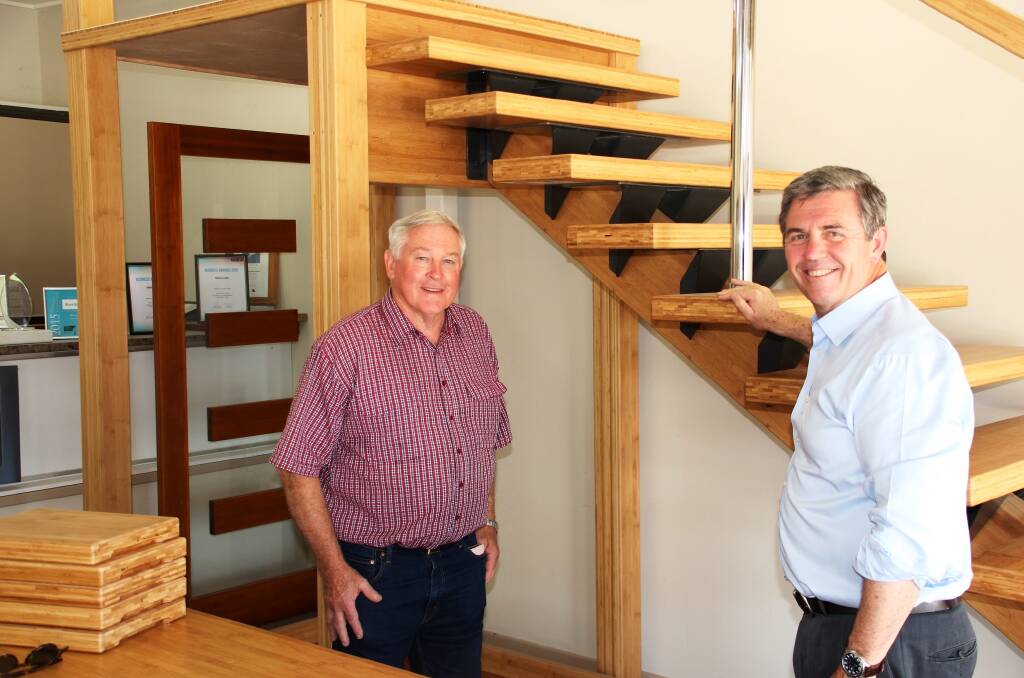 Bamboo Taree: Company owner David Embry with member for Lyne Dr David Gillespie looking over the Bamboo Engineering Products showcase display.