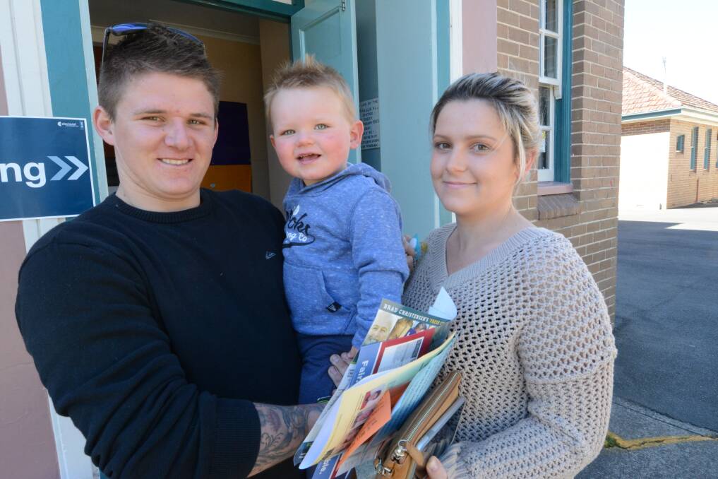 Democratic process: Brodie Magennis, Levi Magennis and Natalie Kirk ready to vote at Wingham Brush Public School.