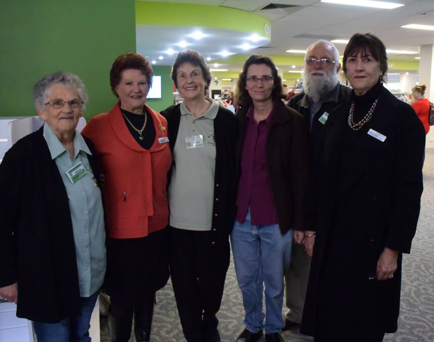 Committee meets community: Members of the Manning Wallamba Family History Society Gloria Toohey, Jan Mitchell, Vicki Fletcher and Wal Horsburgh with Jan McWilliams and Leigh Vaughan from the MidCoast Local Representative Council.