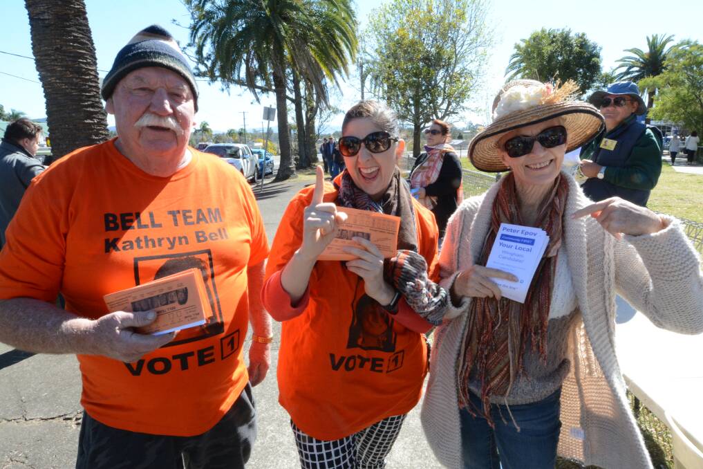 Mal Marks, Bianca Adimari and Gayle Cameron were handing out how-to-vote leaflets at Wingham Brush Public School.