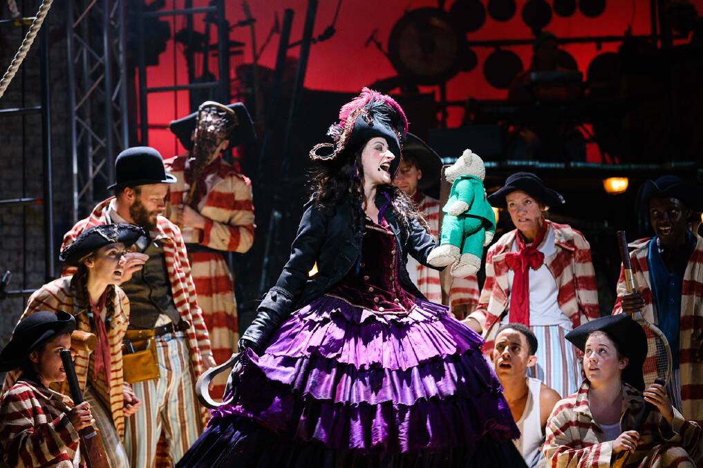 From stage to screen: Anna Francolini as Captain Hook and the Peter Pan company. Photo: Steve Tanner.