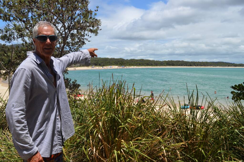 Encounter: Terry Wells points out the spot at Trial Bay beach where he was circled by a three-metre hammerhead shark. Photo: Callum McGregor.