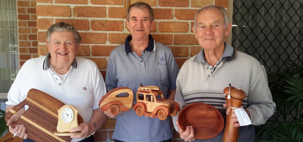 Woodwork: Forster Wood Gallery Group members Trevor Manners, Lawrence Sinclair and Trevor Short with woodcraft items that will be on display at Craftathon.