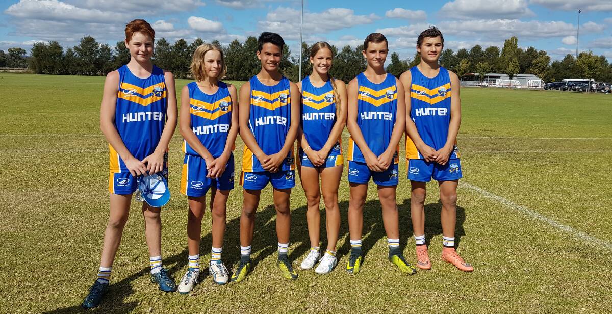 Manning representatives in Hunter sides at the State Regional touch football championships at Mudgee (from left) Cody Chambers, Drew Pensini, John roberts, Bree Pensini, Jake Ferris and Jarrad Gibson.
