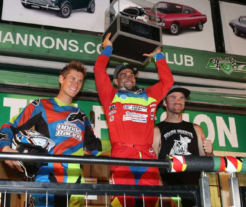 Jared Mees with the Troy Bayliss Cup, flanked by place getters Troy Herfoss and Michael Kirkness. Photo Carl Muxlow www.localimagedesk.com