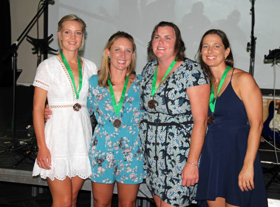 Taree Old Bar Surf Club's women's boat crew members Maggie Collins, Corrine Stephenson, Jane Lynch and Sarah Little with their bronze medals won at this year's North Coast surfboat series.

