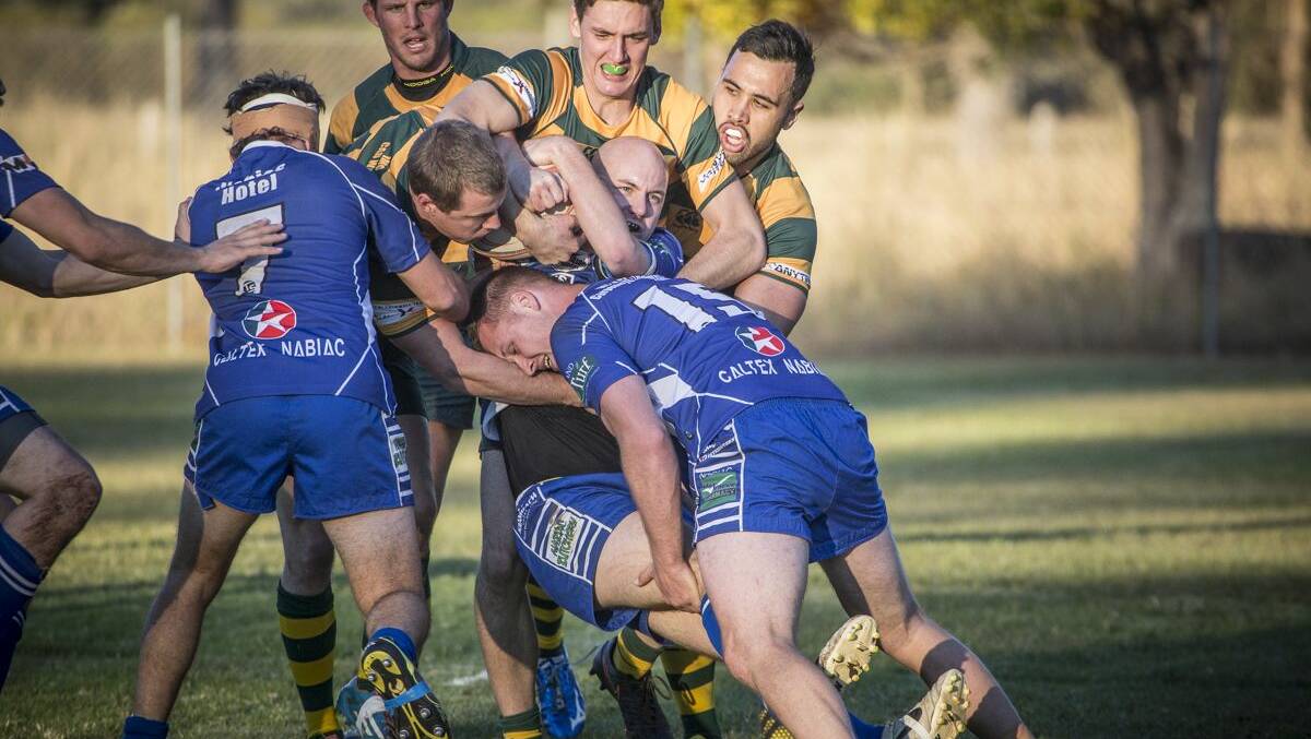 Dolphins rugby union players Tom Homer, Jack Nicholson and Matt Nuku (back row) with Mark Hagarty (centre) wrestle for possession with Bulls flanker Daniel Hessing (7) and Chris Tout (bottom right)  and Ben Thomas (centre). Photo Zac Lyon