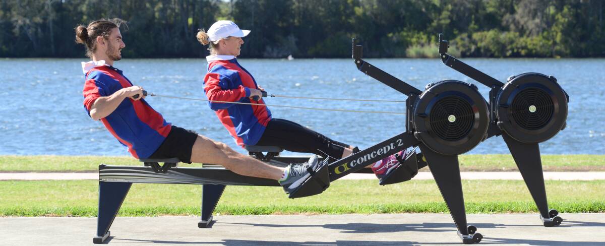 Hugh McLeod and Pauline Arnold training for the national indoor rowing championships to be held at the Manning River Rowing Club next month.