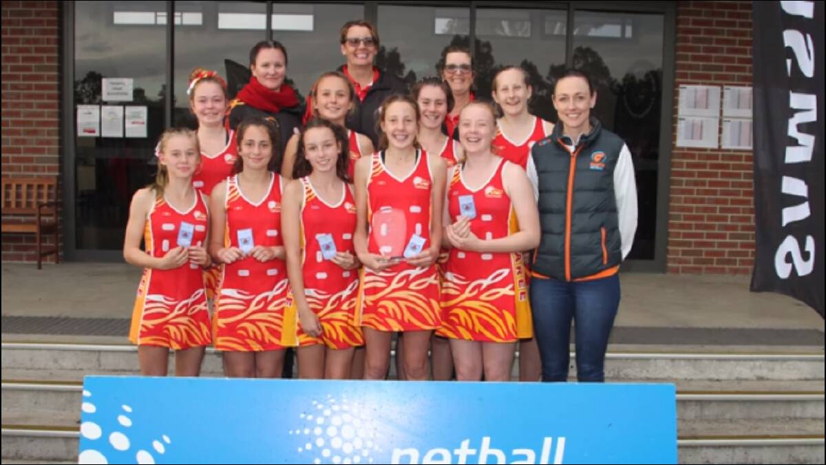 Taree's under 14s  (back) Jacinta Gaul (manager), Bec Chicken (coach), Lindy King (coach). Middle: Jessica Eagles, Keira Bosher, Sarah Christian, Chanel Leifting. Front: Katelyn Page, Amber Trad, Abbie Gaul, Samantha Chicken, Lara Slade and NSW Giants defender Bec Bulley.
