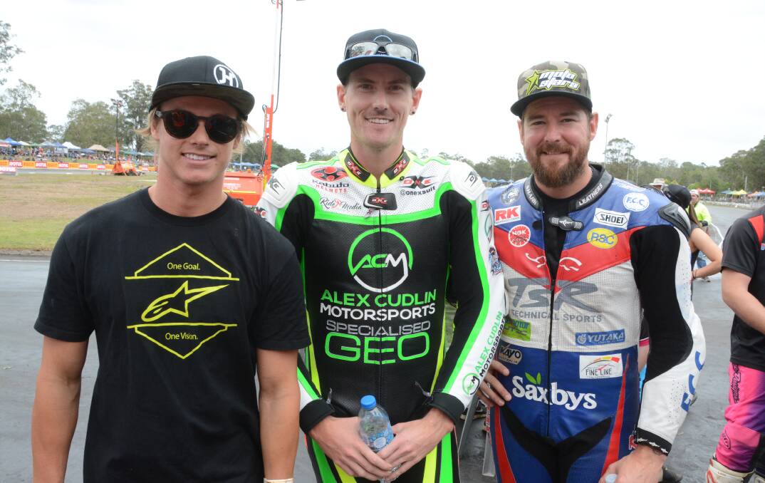 Josh Hook (left) with brothers Alex and Damian Cudlin at the Troy Bayliss Classic in January.
