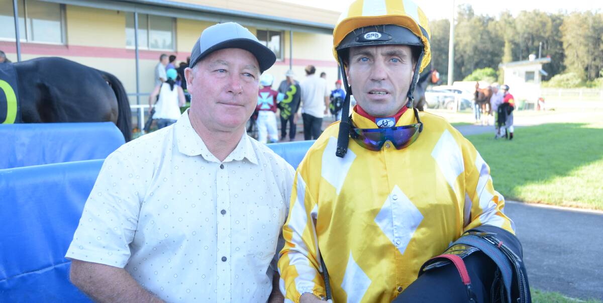 Trainer John Sprague and jockey Raymond Spokes after Drummed Out won at Taree in April. The pair will be hoping for more success when Drummed Out starts at Taree-Wingham Race Club's meeting tomorrow.