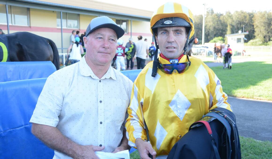 The successful combination of trainer John Sprague and jockey Raymond Spokes after Drummed Out won at Taree in April.