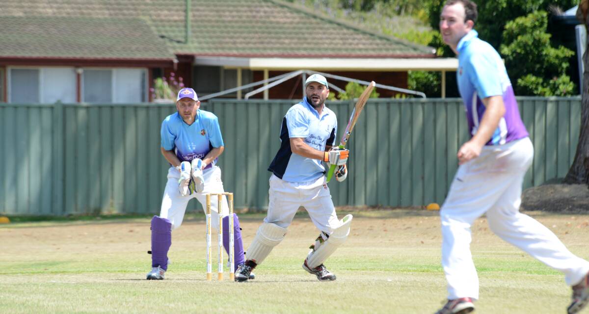 Taree West batsman Josh Meldrum takes a liking to Ricky Campbell's bowling in the Manning first grade cricket clash at Chatham Park last Saturday. Meldrum smash 190 sixes in his innings of 97. 