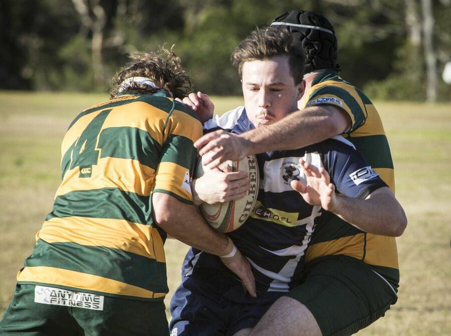 Manning Ratz flanker Nik Mylonas is sandwiched by two Dolphins forwards, Jack Woods and Lee Crozier (right), at Taree Rugby Park. Photo Zac Lyon.