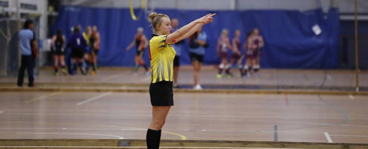 Tahni Walters officiating during the NSW indoor hockey championships last season. She's currently in Goulburn for the national titles.