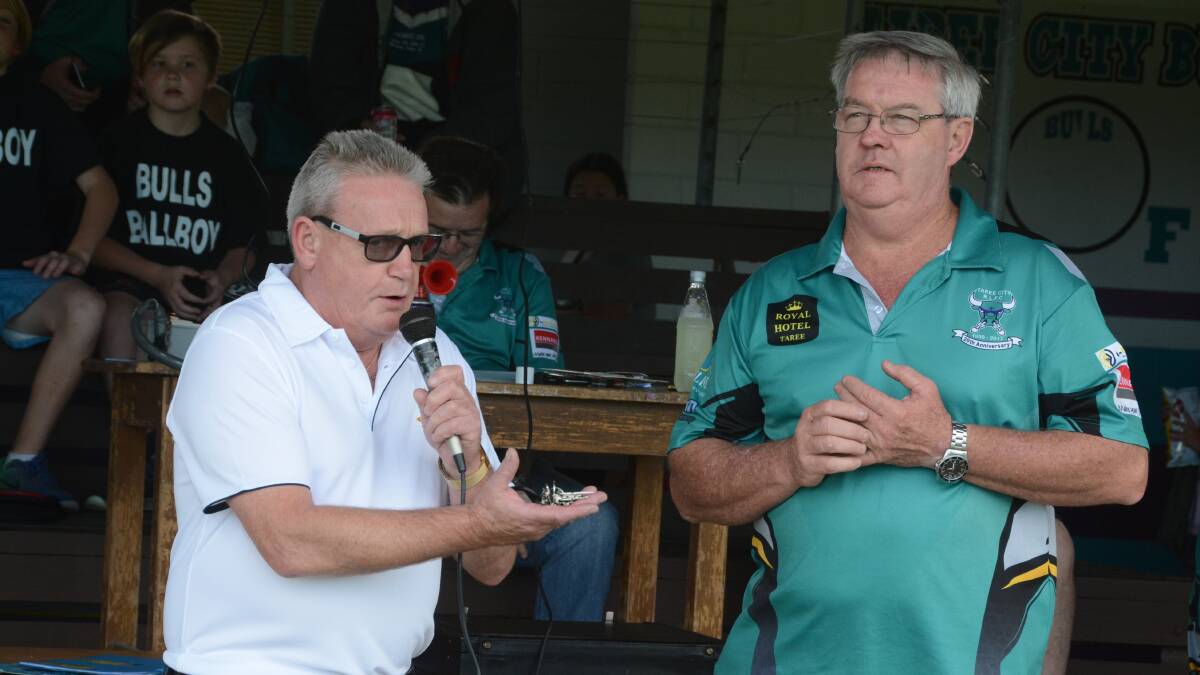 Taree Leagues and Sports Club chairman Eddie Loftus officially hands over the keys to the Jack Neal Oval to Taree City RLFC president Mal Dixon.