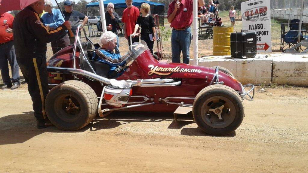 Bill Shevill makes some late adjustments before heading off on a drive at the Illabo Showground during the vintage speedway meeting named in his honour.