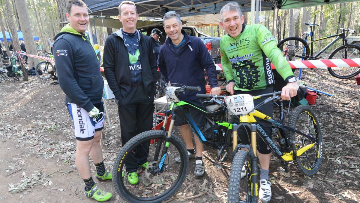 Craig Dennes, Nigel Ferguson, Anthony Giordano and Heath Peterson from Taree before the start of the six-hour race held at Manning-Great Lakes Tip Riders Club's headquarters at Kiwarrak State Forest.