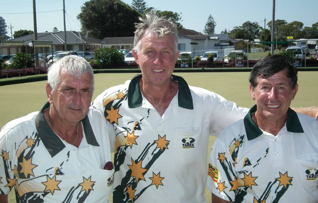 We are the champions: Zone 11 triples winners Peter Woolley, Warren Cocksedge and Bill Brett from Taree Leagues after their win in the final played at Forster Bowling Club.