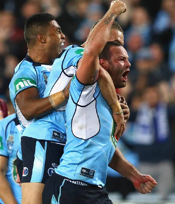 Boyd Cordner celebrates scoring NSW's opening try in the 2016 State of Origin series. He hopes to be celebrating a series win next Wednesday night. Photo Ryan Pierse/Getty Images.