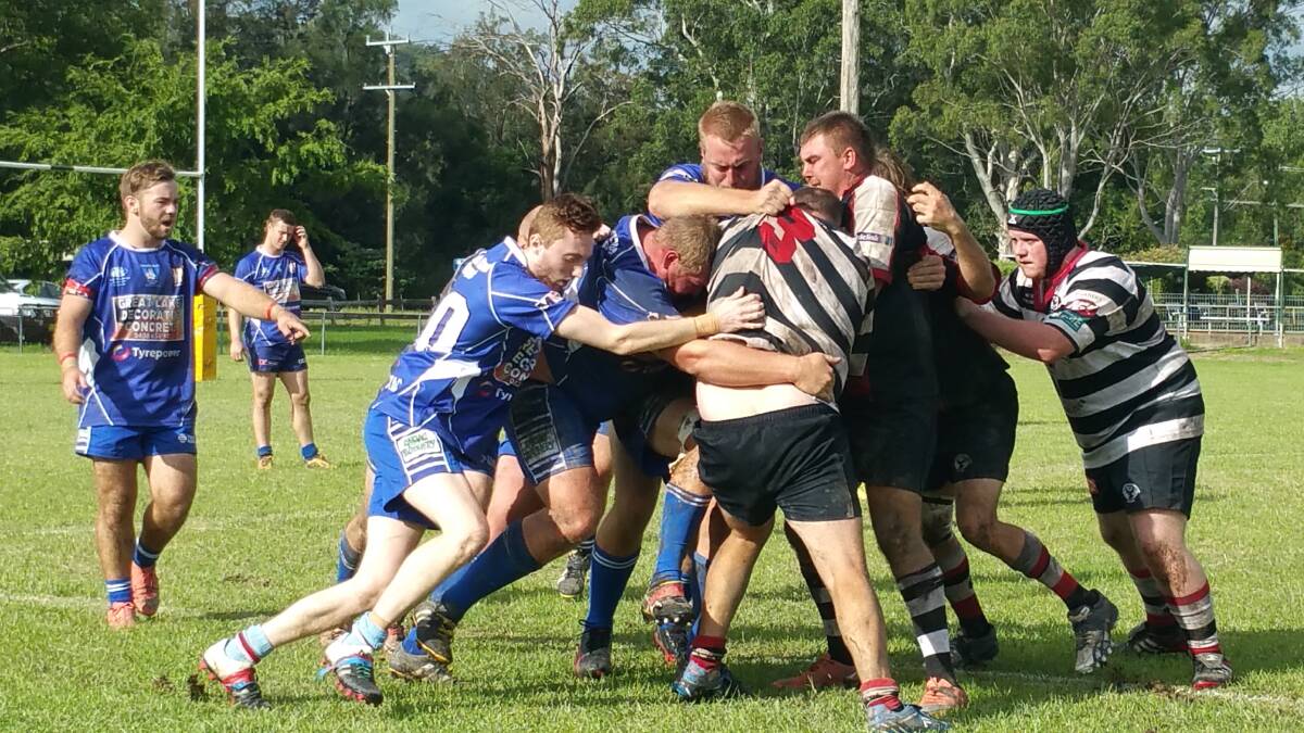 Wallamba and Gloucester players engage at Gloucester during the only Lower North Coast Rugby Union clash played last weekend.