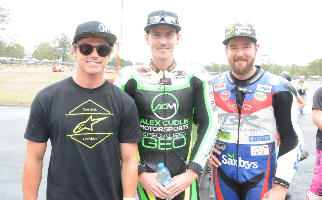 Josh Hook (left) with Alex and Damian Cudlin at this year's Troy Bayliss Classic. He'll be a reserve for Damian's TSR Honda team in round two of the Endurance World Championship at the Le Mans 24 Hours in France next weekend. 
