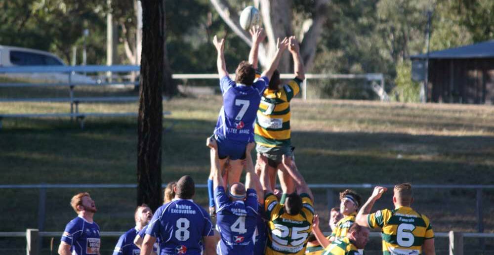 Forster-Tuncurry and Wallamba battle for possession in a lineout during the last round clash at Nabiac, won by the Dolphins in convincing style.