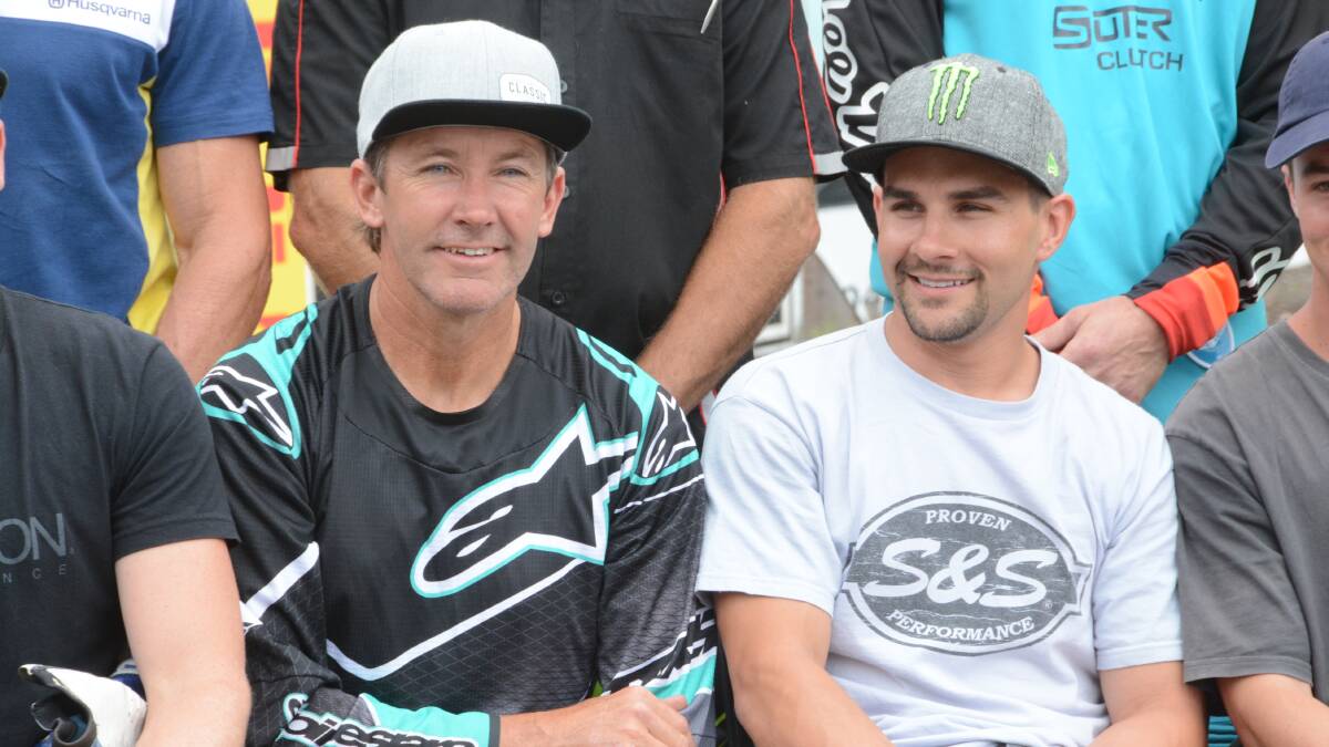 Troy Bayliss will Jared Mees before the start of racing in last year's Troy Bayliss Classic. Mees was the eventual winner, repeating his effort from 2015.