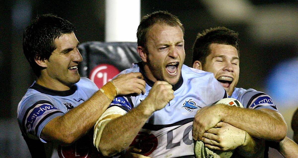 Paul Stephenson celebrates scoring a try during his days at Cronulla Sutherland in 2007. He'll play a one-off game for the Old Bar Pirates on July 30. Photo Getty Images.