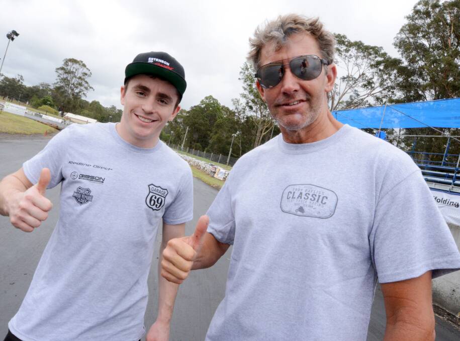 Thumbs up to racing: American Sammy Halbert with Troy Bayliss at the Old Bar Roadside Circuit yesterday.