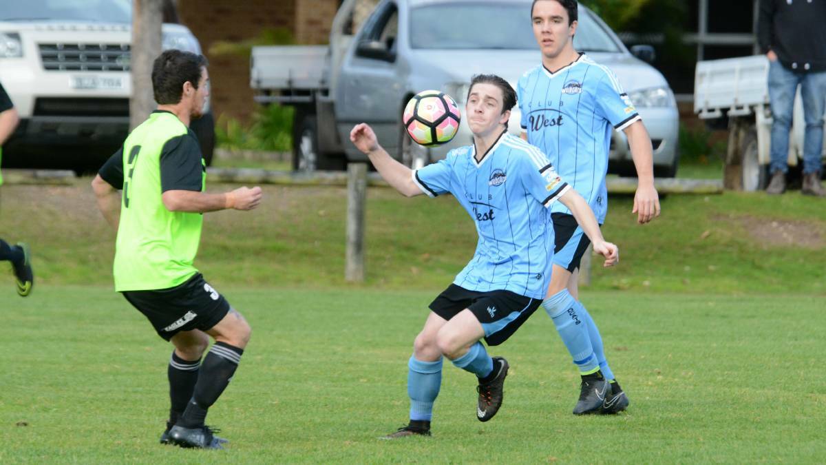 Callum Griffis looks to control possession for Taree Wildcats during a Football Mid North Coast Premier League game last season.
