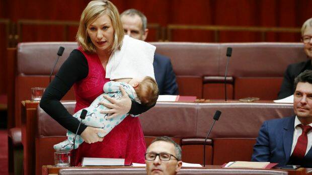 There was outcry when Senator Larissa Waters put forward a motion in the Senate while breastfeeding her baby, Alia. Photo: Alex Ellinghausen
