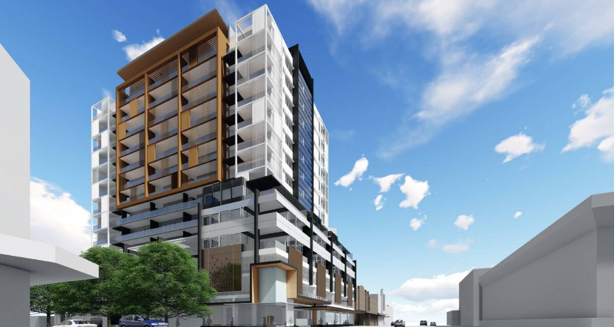 VACANT NO MORE: View of a proposed 14-storey development for 643 to 651 Hunter Street, the former Empire hotel site, looking west along Hunter Street, Newcastle. Artwork by EJE Architecture.