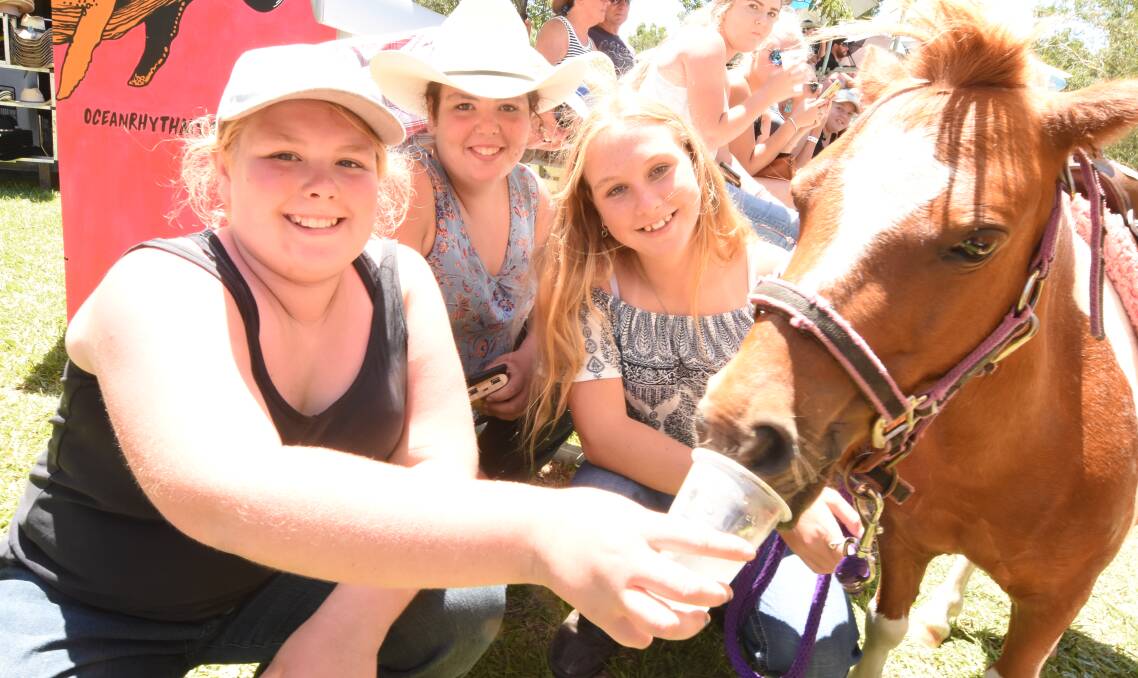 Thirsty day: Bullseye accepts some refreshment from Amelia Townsend, Tamika Townsend and Tayla Casey at the 'Bulls at the Beach' event at Old Bar Tavern.