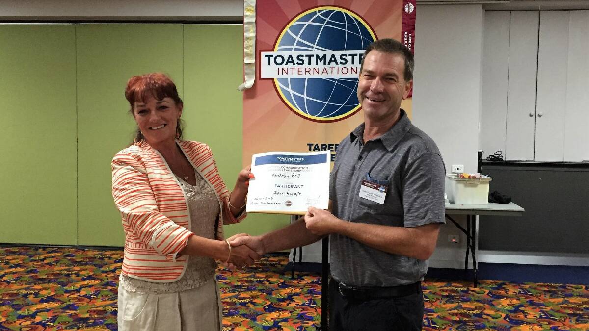 Kathryn Bell received her "Speechcraft" certificate, presented by Taree Toastmaster's Colin Steber. Kathryn is helping organise the club's 50th anniversary dinner.