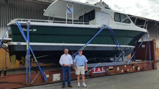 Fregate Island Resort manager, Wayne Kafsak takes delivery of the 3800 from Steber general manager, Alan Steber. 