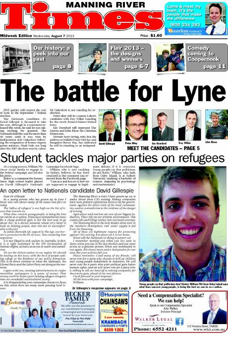 The Manning River Times front page on August 7, 2013.