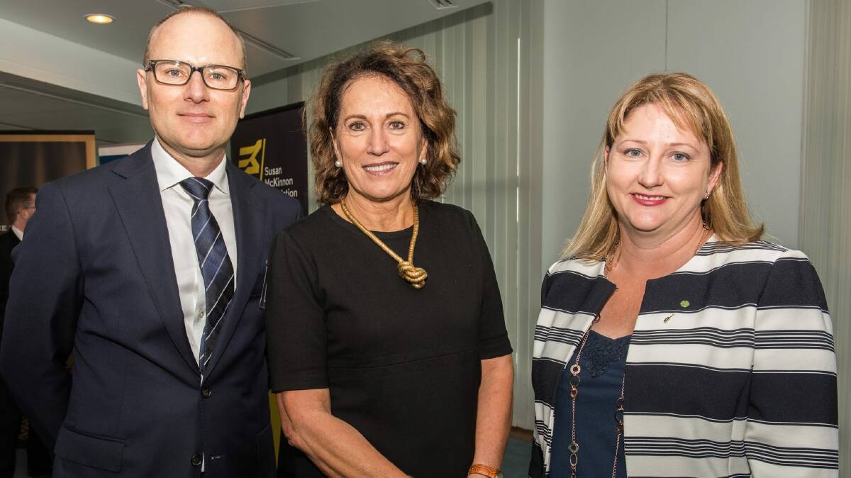 Susan McKinnon Foundation Co-Founder Grant Rule, Oxfam Australia CEO Helen Szoke and Rebekha Sharkie MP at the launch of the McKinnon Prize at Parliament House, Canberra.