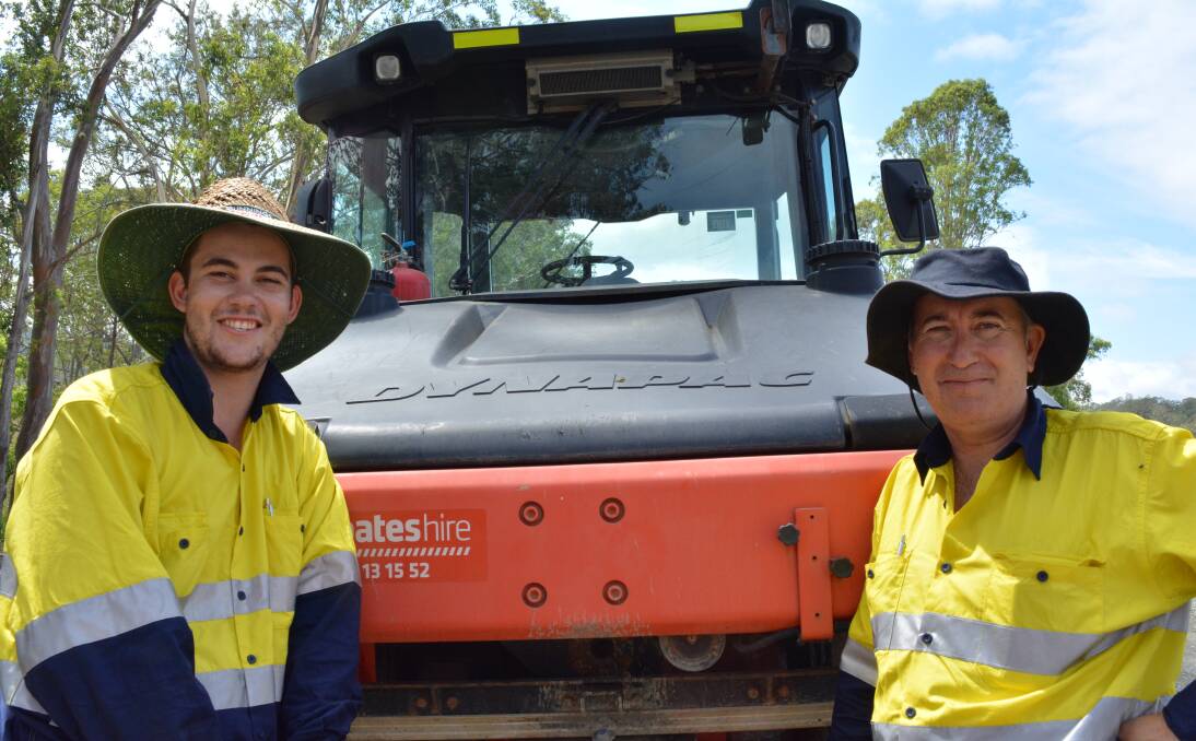Keeping it all in the family: Dale Tonks and Victor Tonks are working side by side on the Bucketts Way upgrade just outside of Gloucester. Picture: Anne Keen
