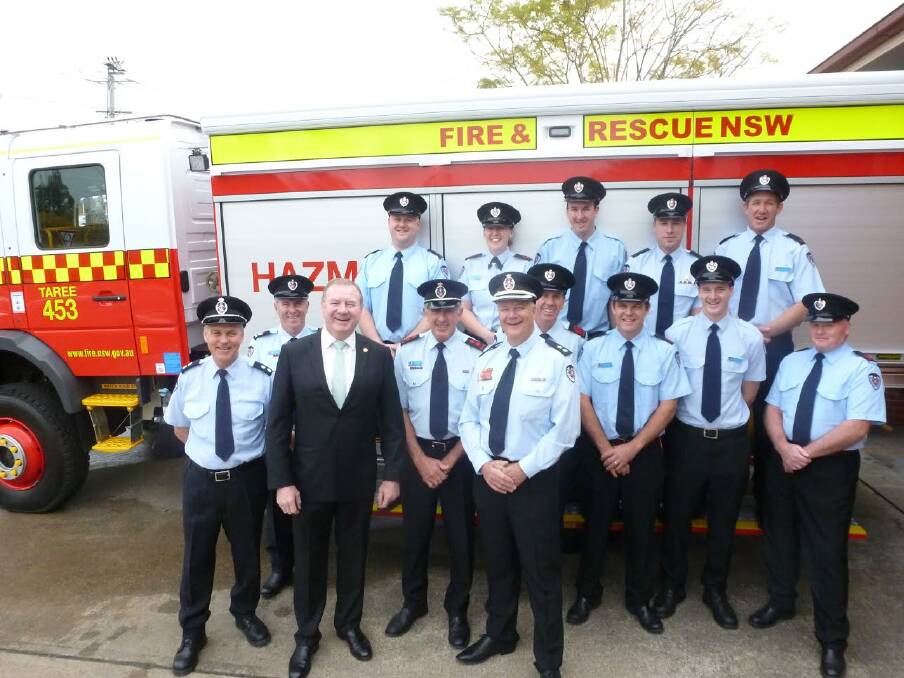 Member for Myall Lakes Stephen Bromhead with firefighters from Taree Fire Station and the new HAZMAT vehicle. 