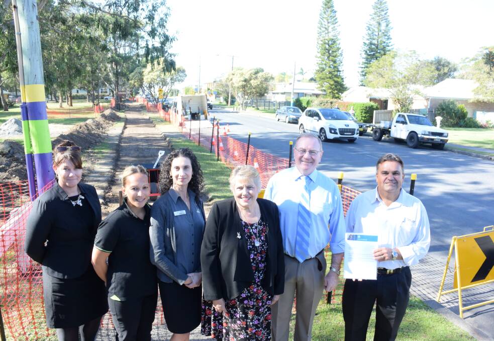 The official handover of $15,000 to the Old Bar and Manning Point Chamber of Commerce. Pictured is Nortec’s Holly Owens, Sky Smith and Joanne Ford with Carole Isaacs, Stephen Bromhead MP and MidCoast Council’s Richard Wheatley.   