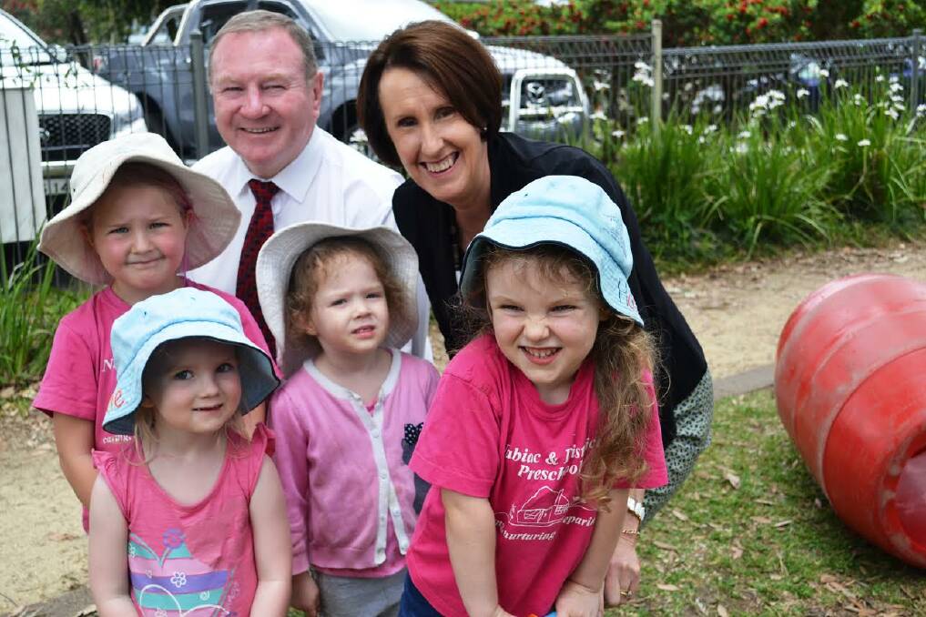  Member for Myall Lakes Stephen Bromhead and Minister for Early Childhood Education Leslie Williams at Nabiac and District Community Preschool. 
