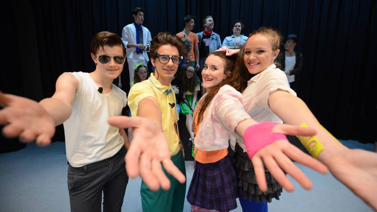 Taree High School students will perform the musical Back to the 80s. Pictured is Riley Hunt (Michael), Sean Hopkins (Feargal), Poppy Tidswell (Cindy) and Olivia Hollis (Tiffany). Photo credit: Carl Muxlow. 