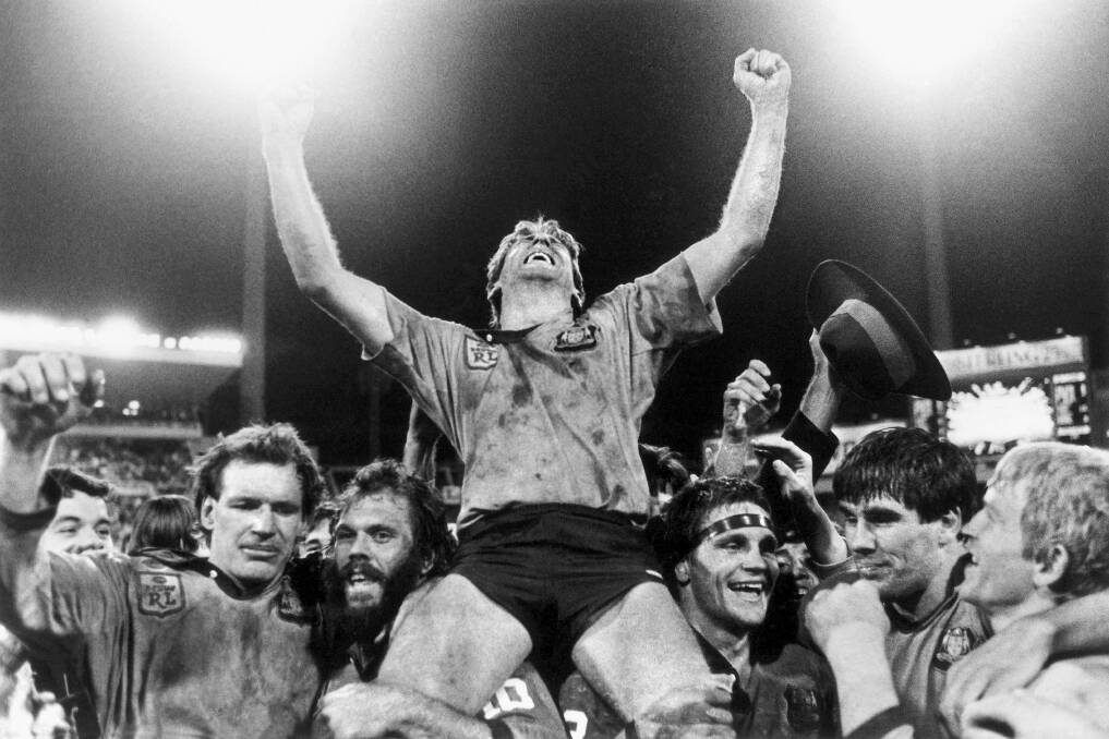 BREAKTHROUGH: Blues captain Steve Mortimer is chaired from the field by teammates after NSW clinched their first State of Origin series in game two of 1985.