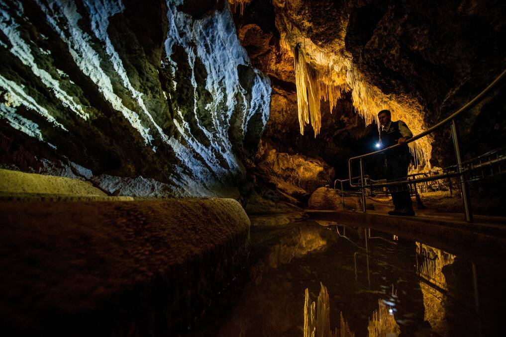 REFURBISHED: Senior cave guide Haydn Stedman in the newly refurbished Marakoopa Caves. Pictures: Scott Gelston