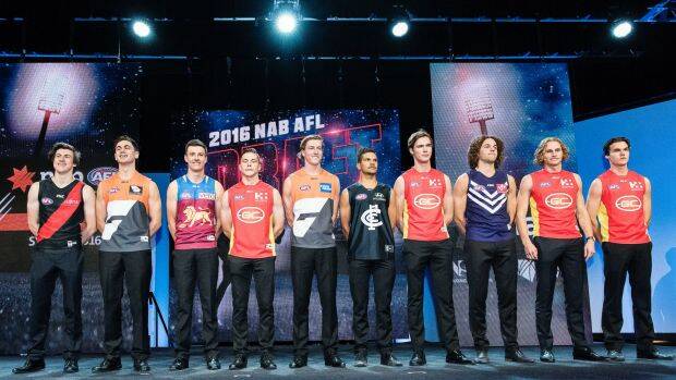 Line-up: Top 10 picks of the 2016 AFL Draft at the Hordern Pavilion on Friday night. Photo: Christopher Pearce