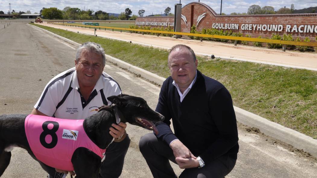 Owner Mark Bell was feeling more buoyant about the industry's future alongside Goulburn Greyhound Club president Pat Day.