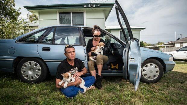 Anthony Cuskelly and Cindy Prior and their home of four years, a Holden sedan. Photo: Wolter Peeters

