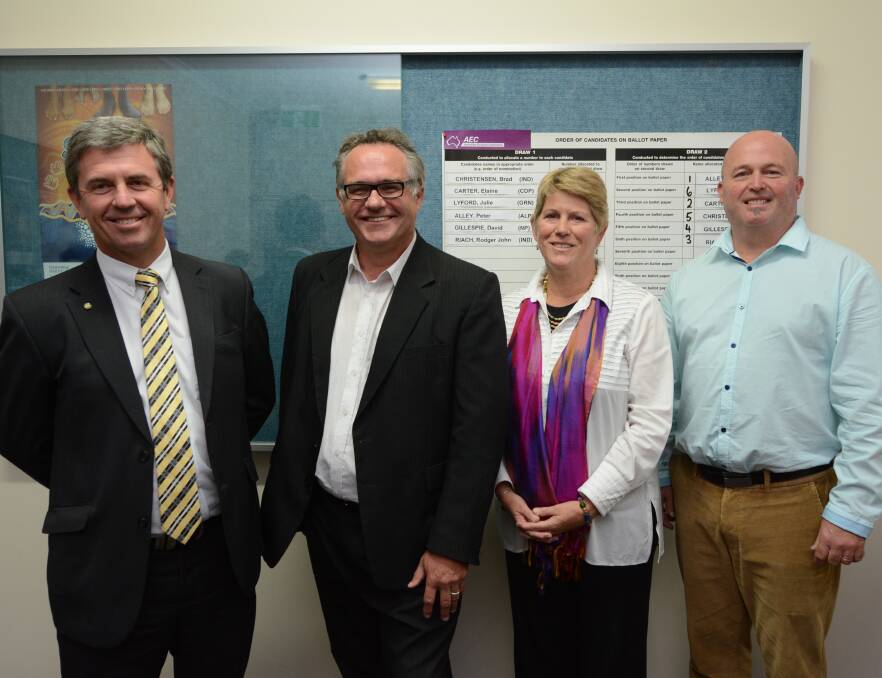 Nationals Dr David Gillespie, Peter Alley (ALP), Julie Lyford (Greens) and independent Brad Christensen. Elaine Carter (CDP) and Rodger Riach (independent) are not pictured.