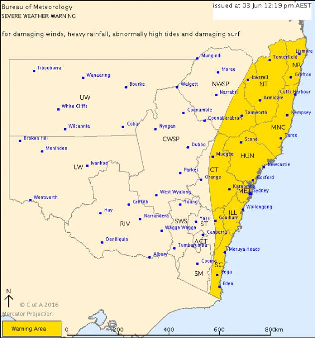 WARNING AREA: The Bureau of Meteorology issued a severe weather warning on Friday for massive rainfall and damaging winds along the east coast on Saturday and Sunday. Map: Bureau of Meteorology.